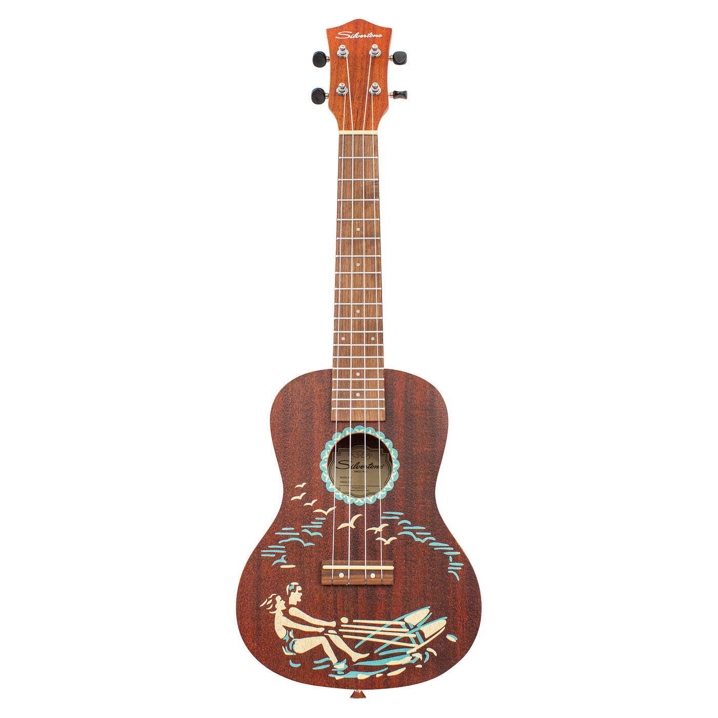 Silvertone Concert Ukulele with 1940s Style Hawaiian-Scene Water-Skier Graphic