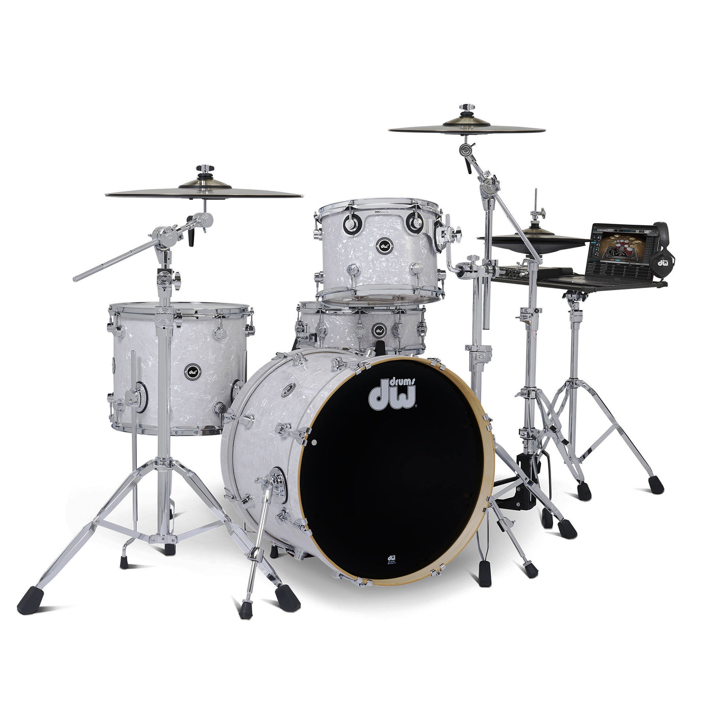 DW Electric Drum Kit Bundle, White Marine Pearl, 4-Piece Drum Set with Cymbals and Hardware - DEMO DISCOUNT