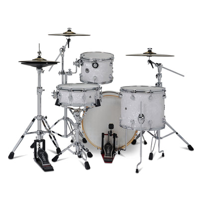 DWe Complete Kit Bundle, White Marine Pearl, 4-Piece Drum Set with Cymbals and Hardware