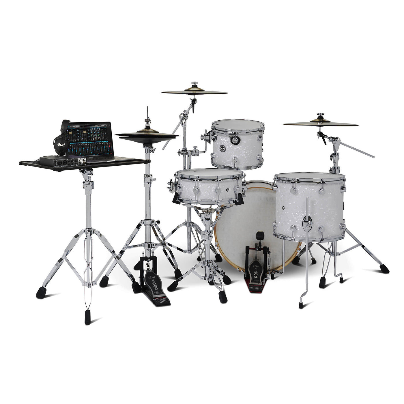 DWe Complete Kit Bundle, White Marine Pearl, 4-Piece Drum Set with Cymbals and Hardware