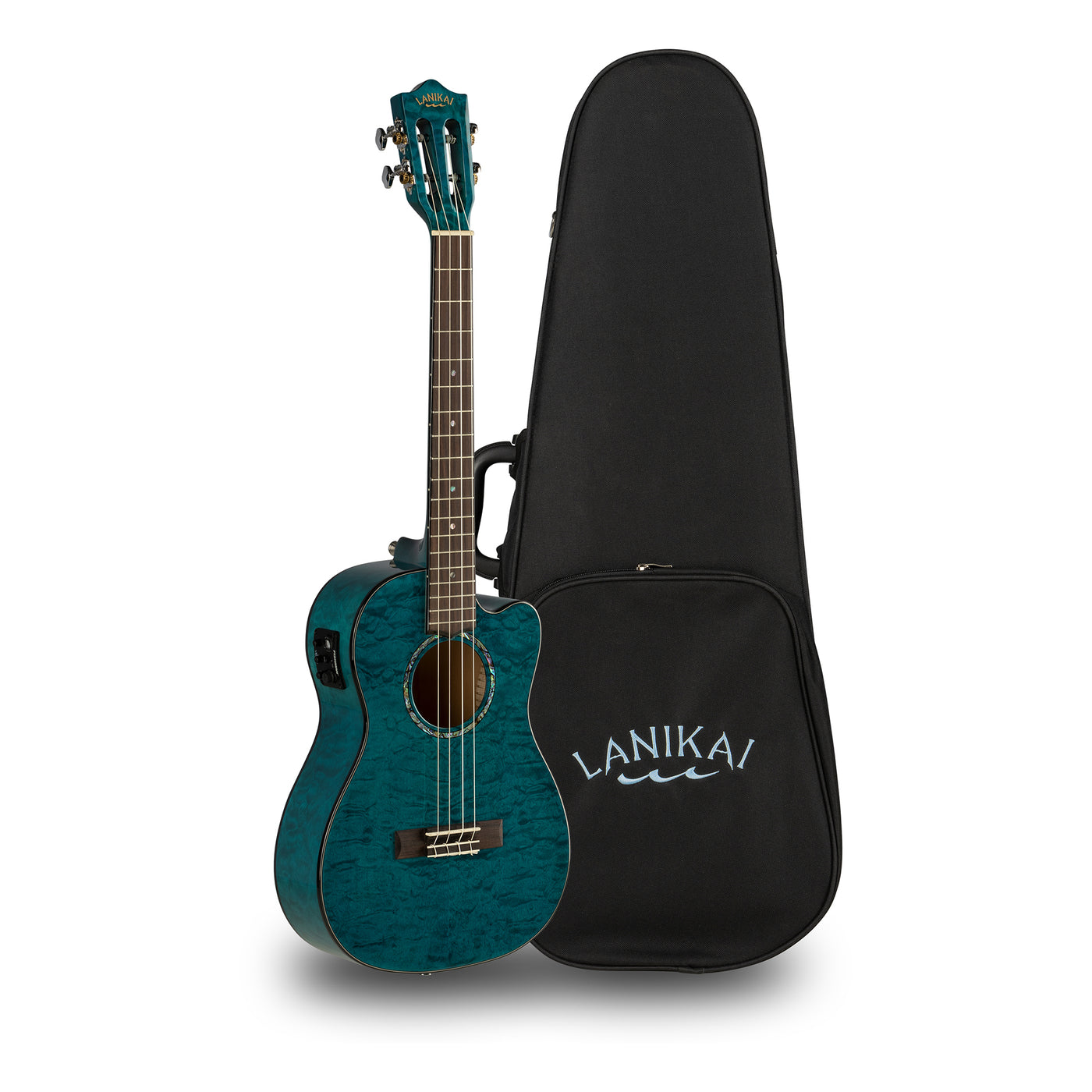 Lanikai Quilted Maple Blue Stain Baritone A/E Ukulele with Foam Case