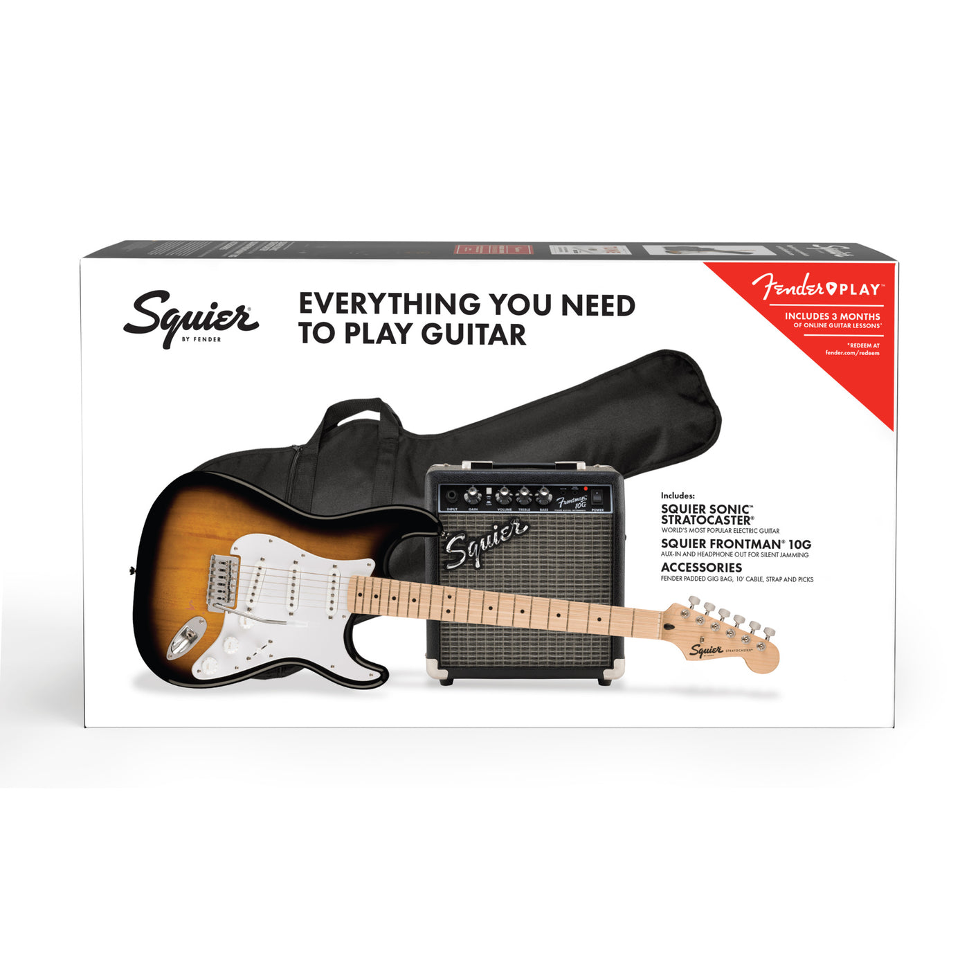 Squier Sonic Stratocaster Electric Guitar Essentials Pack, 2-Color Sunburst (0371720003)