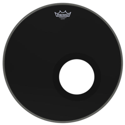 Remo 20 Inch Powerstroke 3 Ebony Bass Drum Head Pre Cut 5" Hole and Dynamo Installed P3-1020-ES-DM