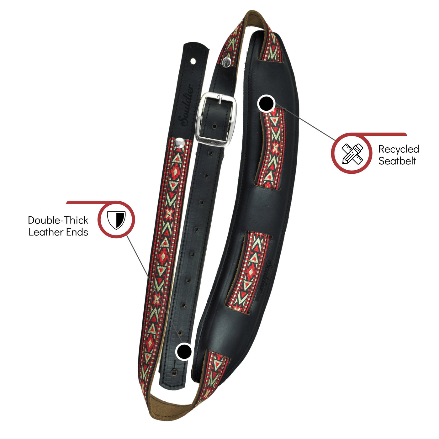 Souldier SSA1127BK02BK - Handmade Souldier Plain Saddle Strap for Bass Electric, or Acoustic Guitar, 2.5 Inches Wide and Adjustable up to 57" made in the USA, Seneca