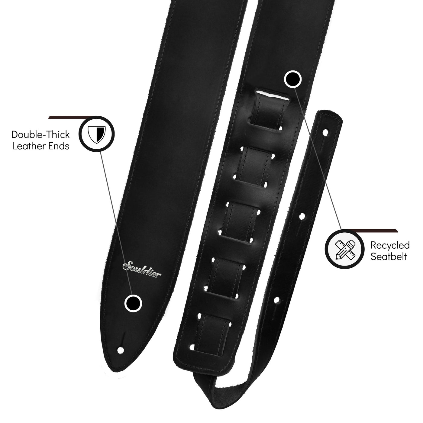 Souldier TGS0000BK02BK - Handmade Souldier Solid Torpedo Strap for Bass, Electric, or Acoustic Guitar, Adjustable Length from 42.5" to 55" Made in the USA, Black
