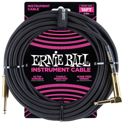 Ernie Ball 18' Braided Straight Angle Inst Cable Black