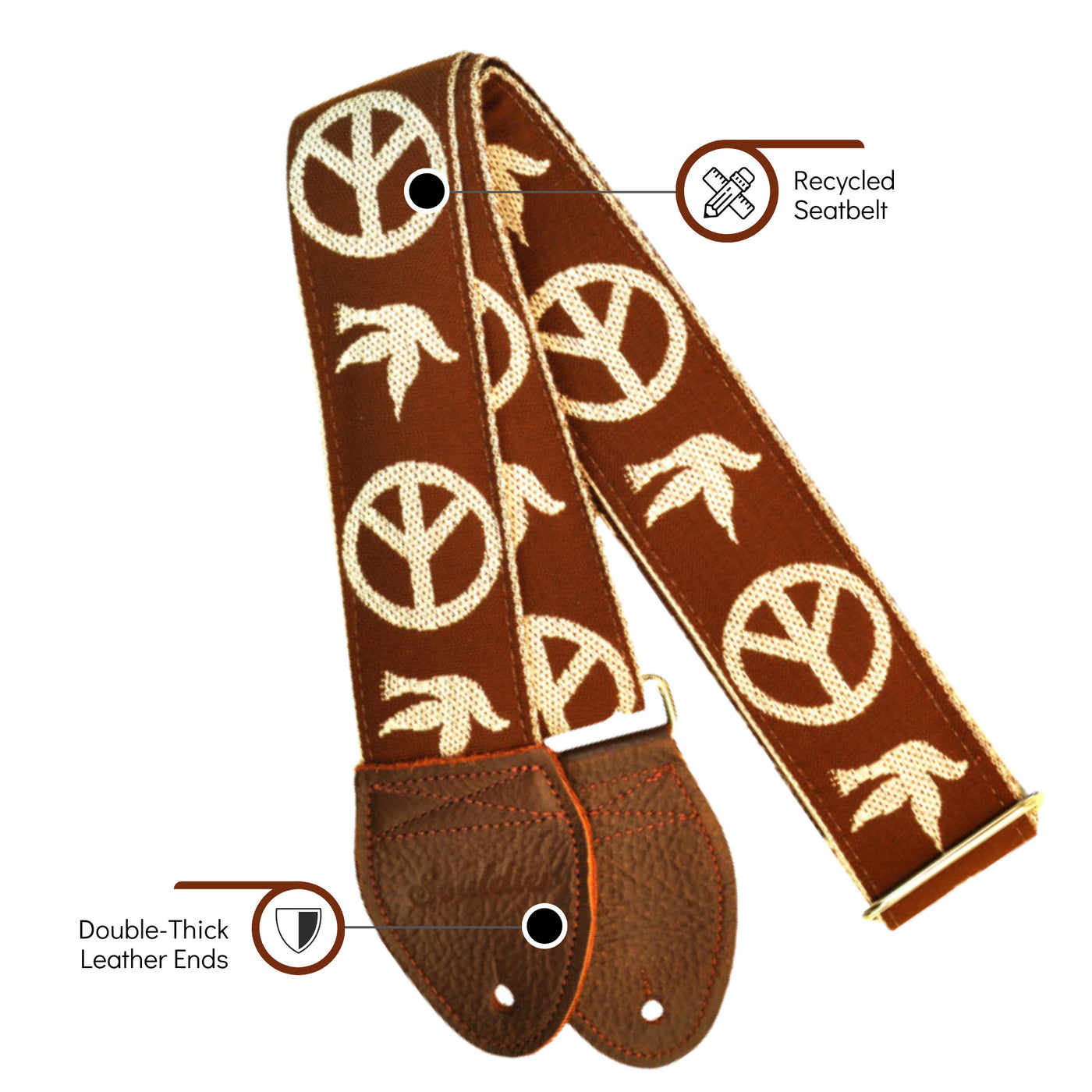 Souldier GS1027BR02WB - Handmade Seatbelt Guitar Strap for Bass, Electric or Acoustic Guitar, 2 Inches Wide and Adjustable Length from 30" to 63"  Made in the USA, Young Peace Dove, Brown