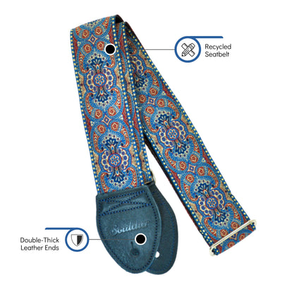 Souldier GS0396BK02NV - Handmade Seatbelt Guitar Strap for Bass, Electric or Acoustic Guitar, 2 Inches Wide and Adjustable Length from 30" to 63"  Made in the USA, Arabesque, Indigo