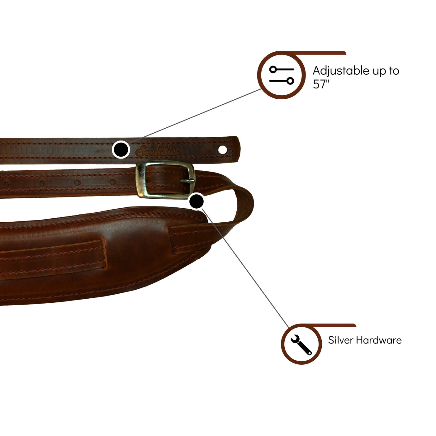 Souldier SSD0000BR02BR - Handmade Souldier Plain Saddle Strap for Bass Electric, or Acoustic Guitar, 2.5 Inches Wide and Adjustable up to 57" made in the USA, Brown