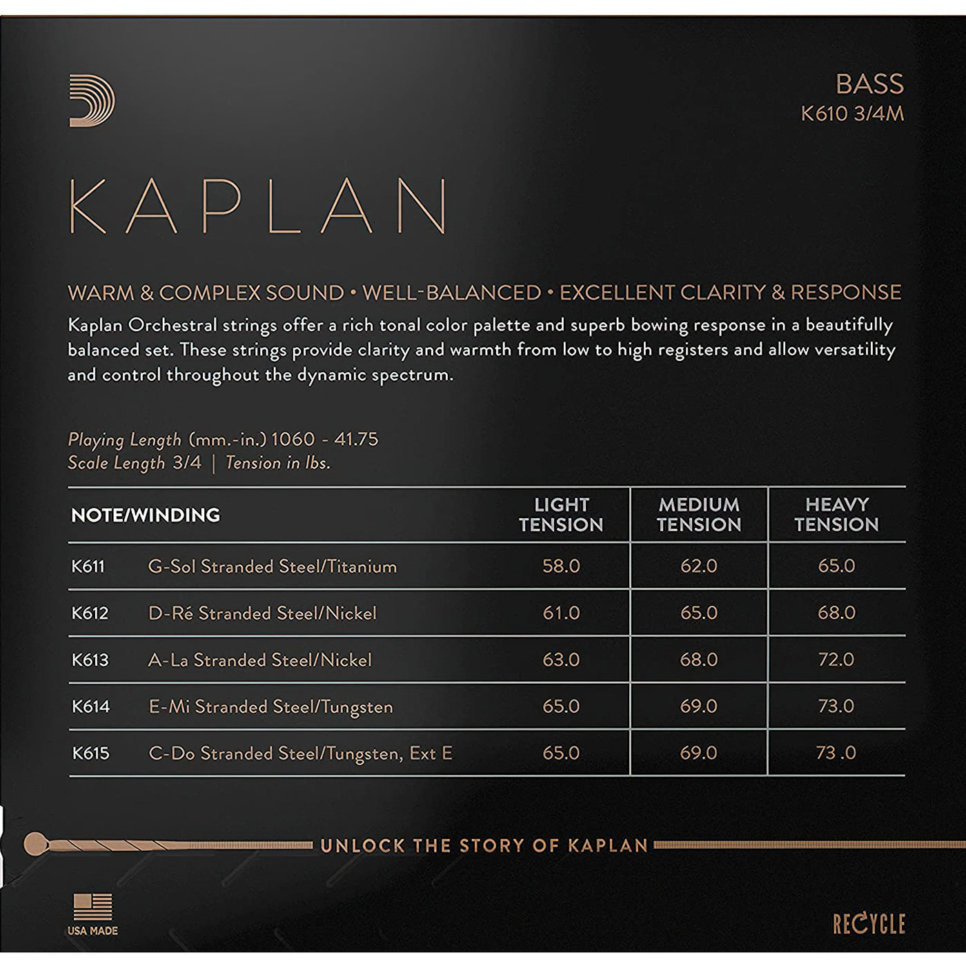 D'Addario K610 Kaplan Double Bass Strings, 3/4 Scale Medium Tension (K610 3/4M)