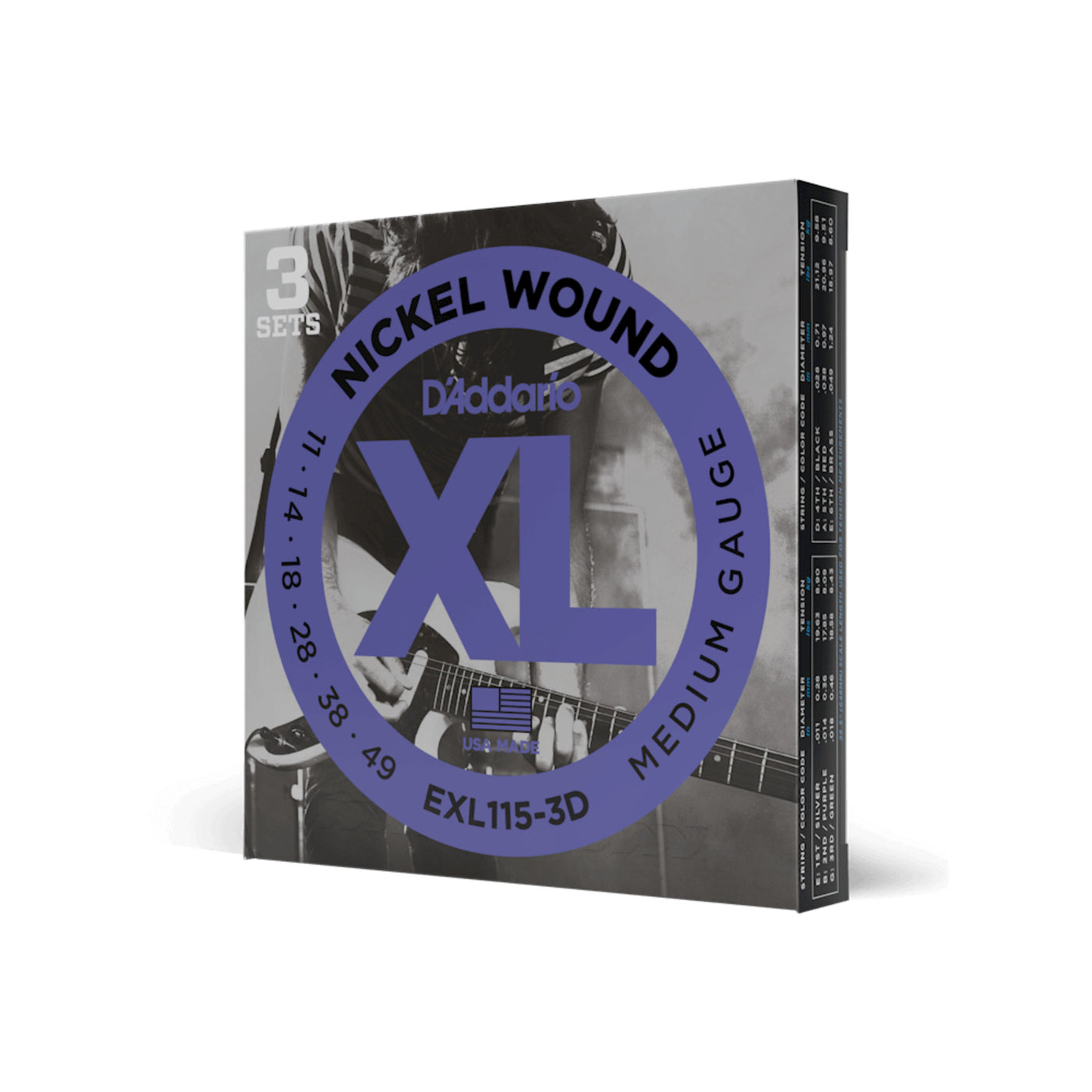 D'Addario Nickel Wound Electric Guitar Strings, 3 Sets, Medium/Blues-Jazz Rock, 11-49 (EXL115-3D)
