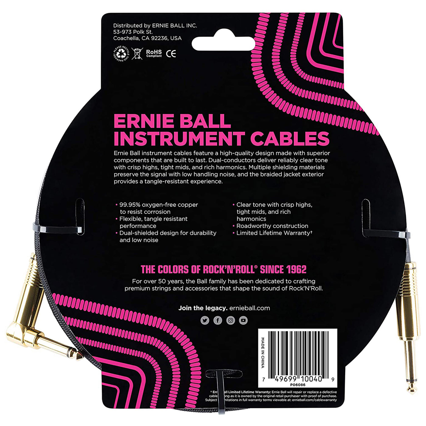 Ernie Ball 18' Braided Straight Angle Inst Cable Black
