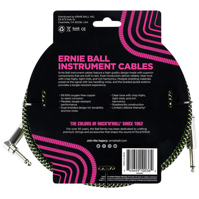 Ernie Ball 18' Braided Straight Angle Inst Cable Black Green