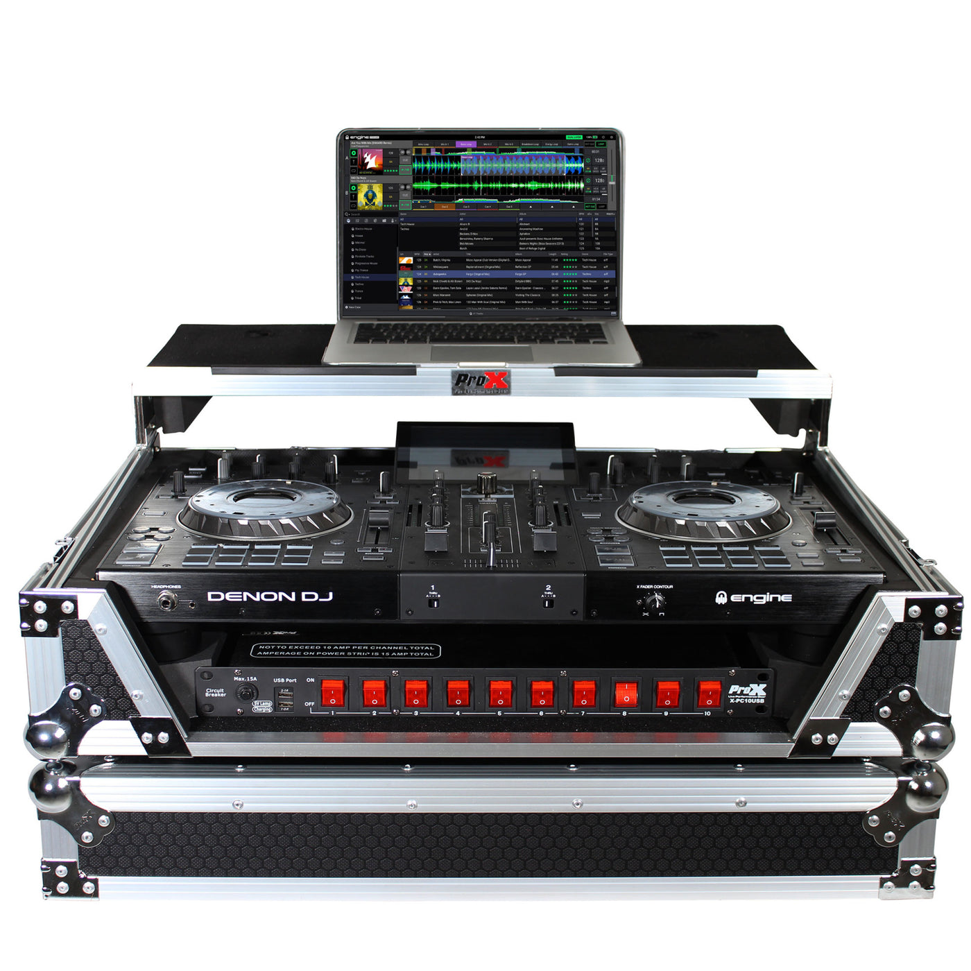 ProX XS-PRIME2LT ATA-300 Style Flight Case, For Denon PRIME 2 DJ Controller, With Laptop Shelf 1U Rack Space, Pro Audio Equipment Storage, Silver on Black