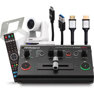 Roland PTZ Single Camera with V-02HD MK II Streaming Video Mixer and AViPAS AV-2020 20x PTZ Camera Bundle, White