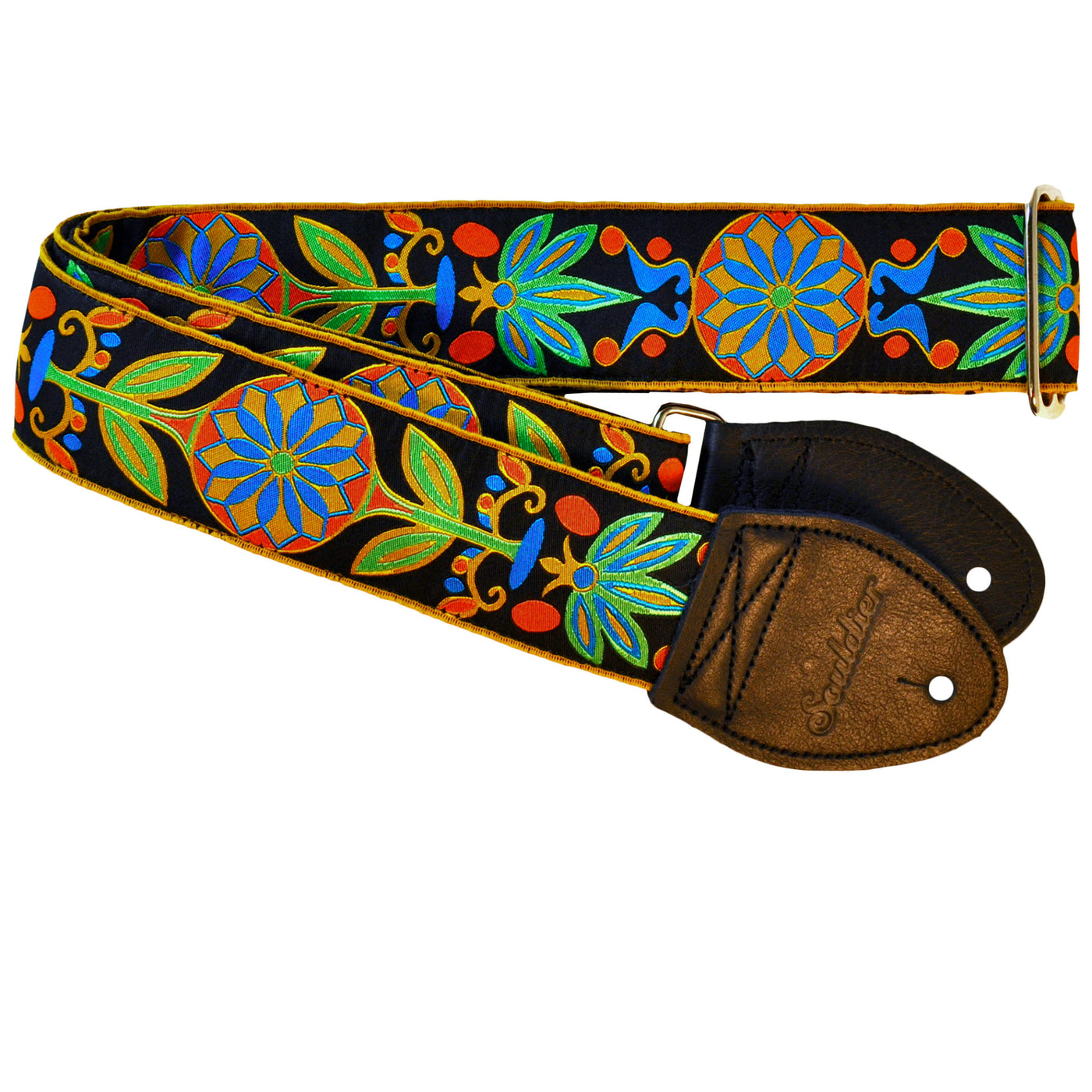 Souldier GS0086BK02BK - Handmade Seatbelt Guitar Strap for Bass, Electric or Acoustic Guitar, 2 Inches Wide and Adjustable Length from 30" to 63"  Made in the USA, Daisy, Blue