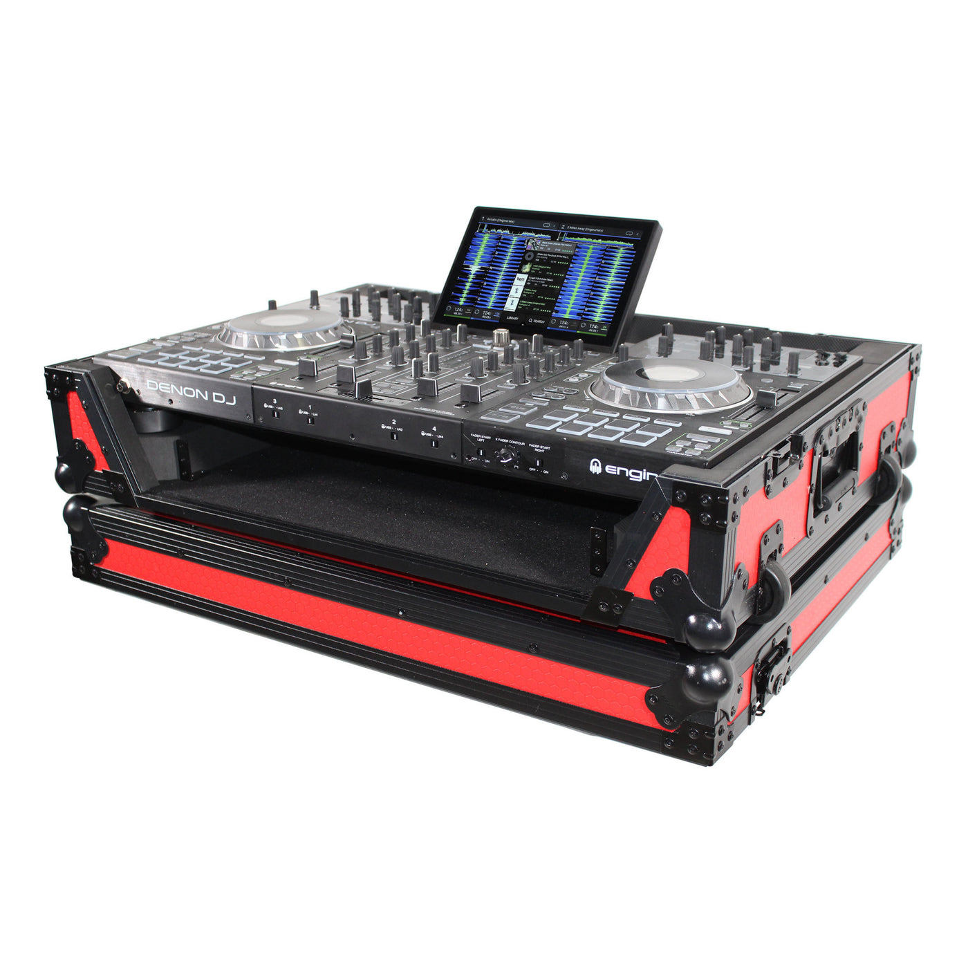 ProX XS-PRIME4WRB ATA-300 Style Flight Case, For Denon PRIME 4 DJ Controller, With 1U Rack Space and Wheels, Pro Audio Equipment Storage, Red Black