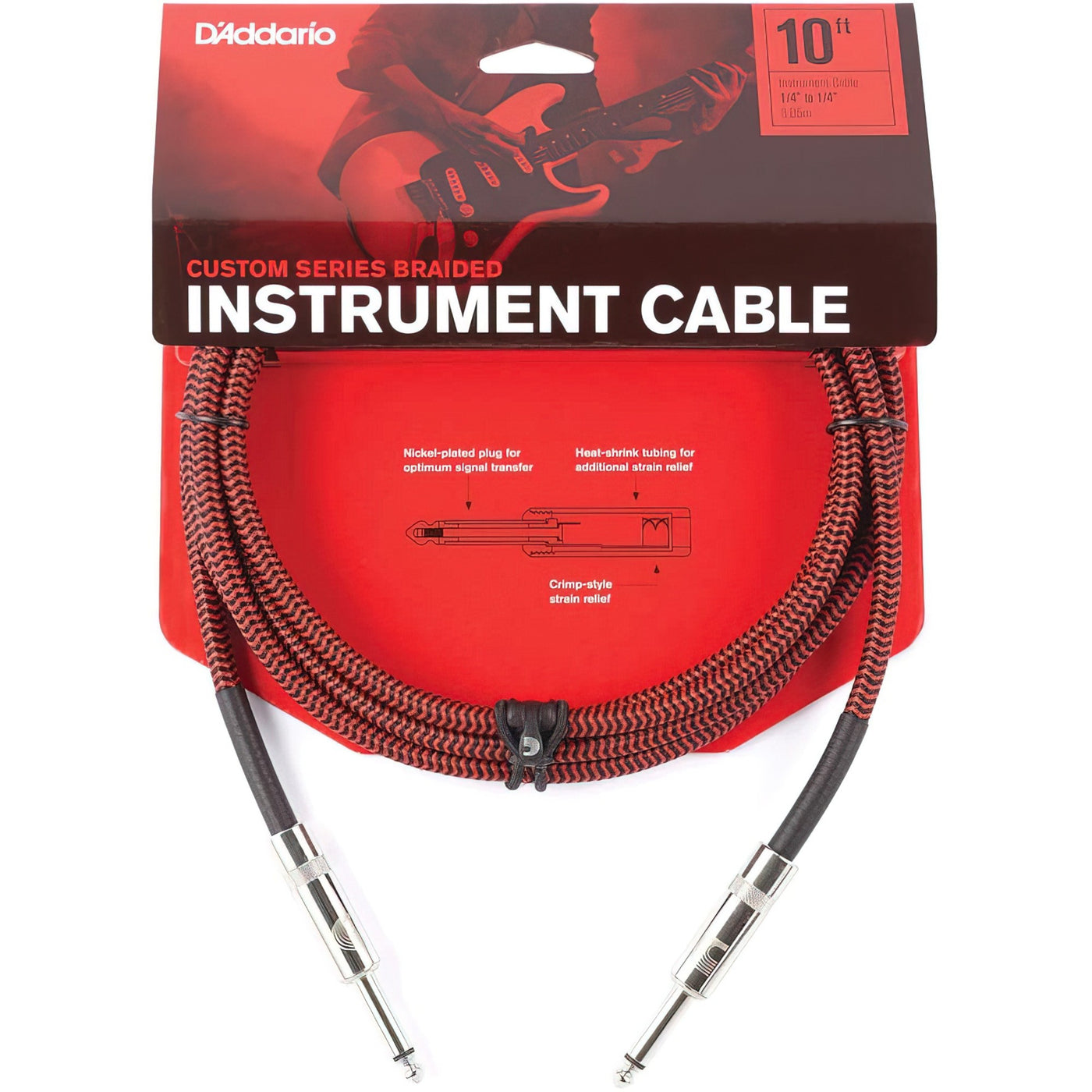 D'Addario Custom Series Braided Instrument Cable, Red, 10' (PW-BG-10RD)
