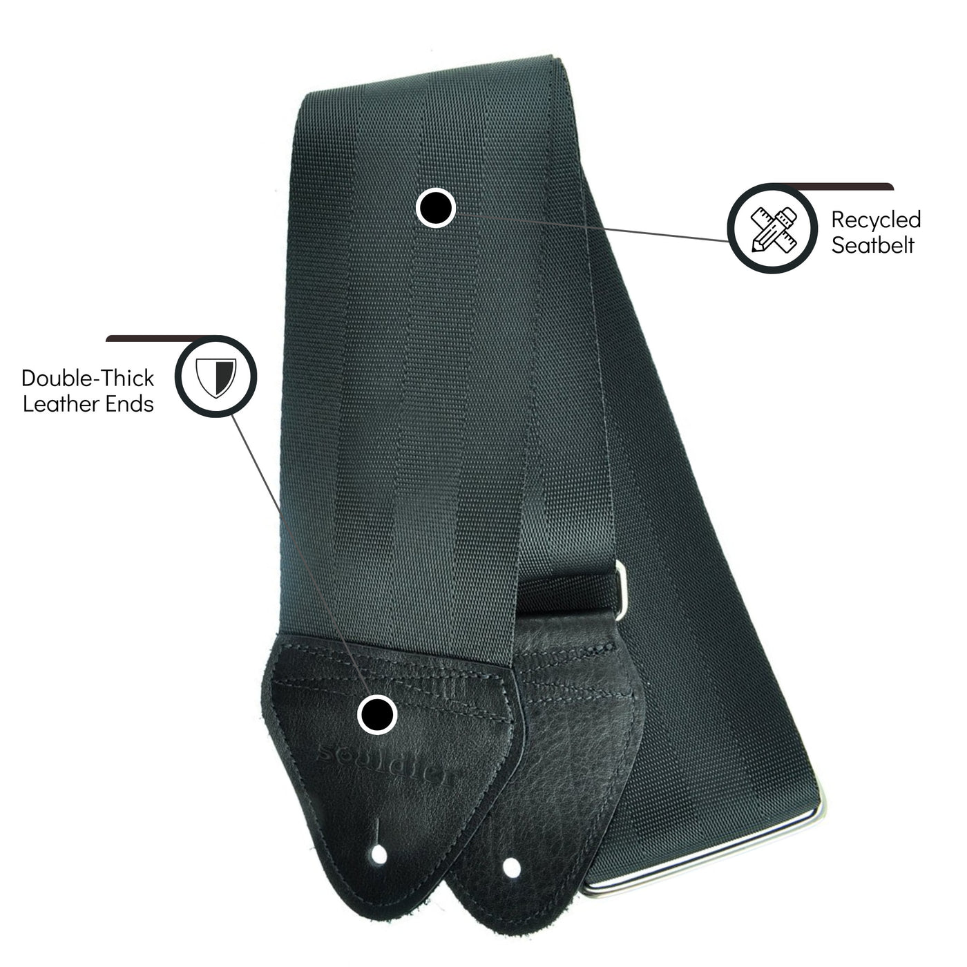 Souldier GT0000BK02BK - Handmade Souldier Solid Bass Strap, 3 Inches Wide and Adjustable from 33" to 60" Made in the USA, Black