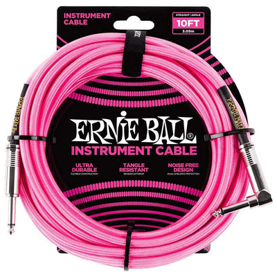 Ernie Ball 10' Braided Straight Angle Inst Cable Neon Pink