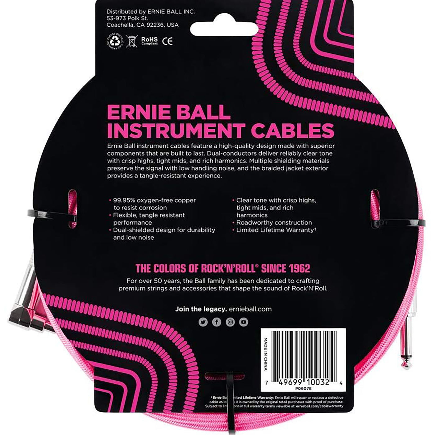 Ernie Ball 10' Braided Straight Angle Inst Cable Neon Pink