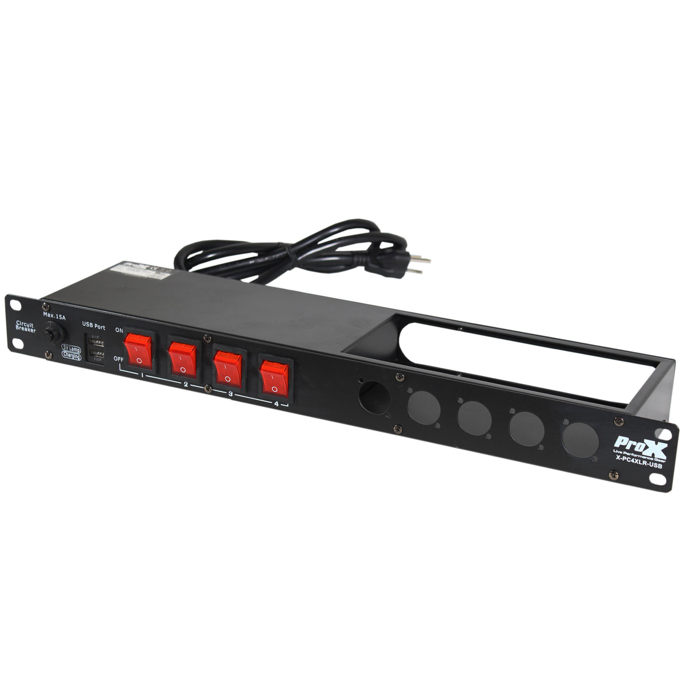 ProX X-PC4XLR-USB Power Center, 1U 15Amp Circuit 4CH Switch Panel, W-2 USB and 5 Punched XLR Space, Pro Audio Equipment