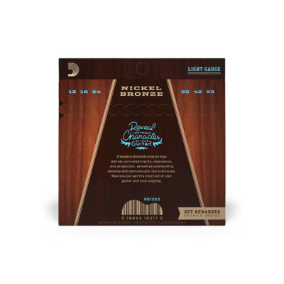 D'Addario Nickel Bronze Acoustic Guitar Strings, Light, 12-53 (NB1253)