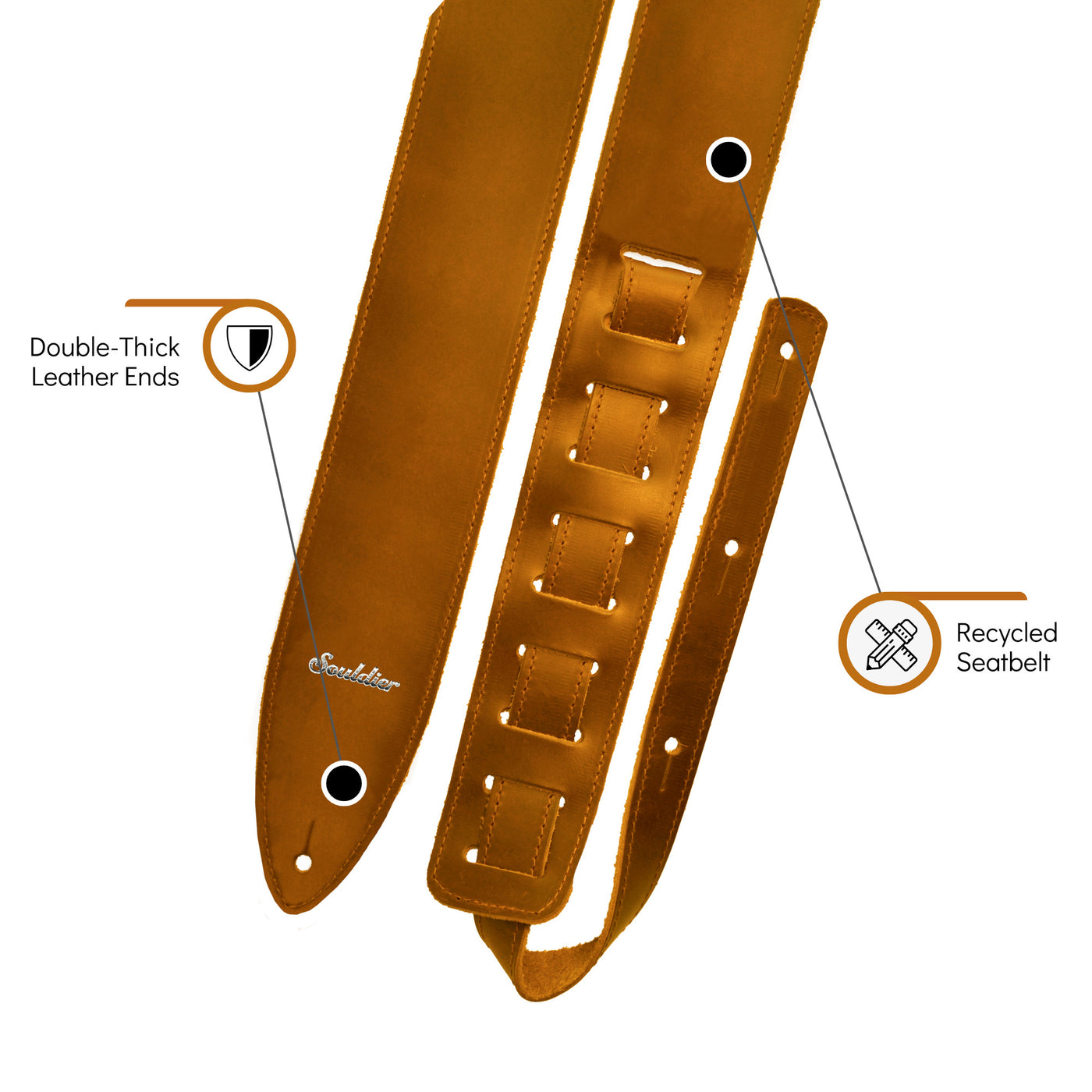 Souldier TGS0000TN02TN - Handmade Souldier Solid Torpedo Strap for Bass, Electric, or Acoustic Guitar, Adjustable Length from 42.5" to 55" Made in the USA, Tan