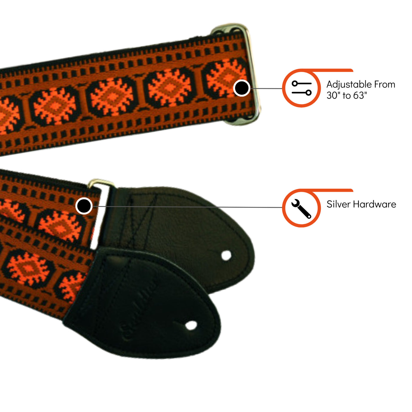 Souldier GS0179BK02BK - Handmade Seatbelt Guitar Strap for Bass, Electric or Acoustic Guitar, 2 Inches Wide and Adjustable Length from 30" to 63"  Made in the USA, Pillar, Brown and Orange