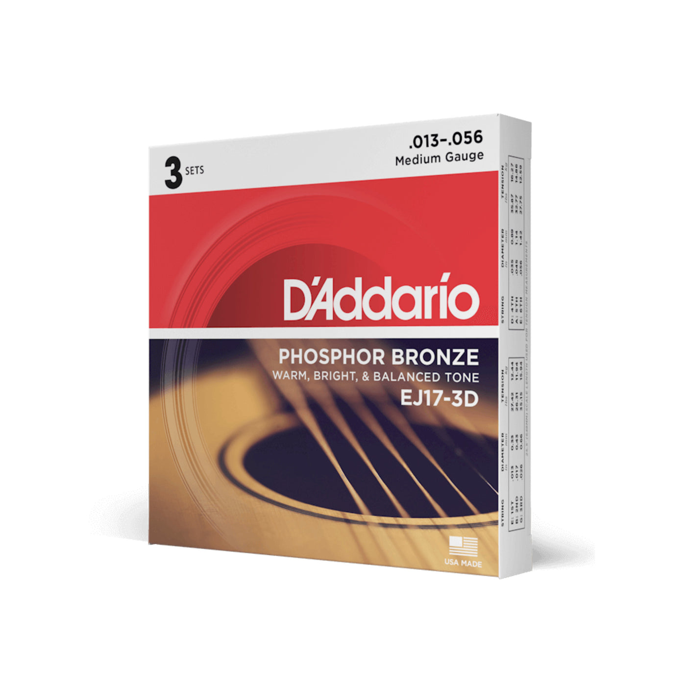 D'Addario Phosphor Bronze Acoustic Guitar Strings, Medium, 13-56, 3 Sets (EJ17-3D)