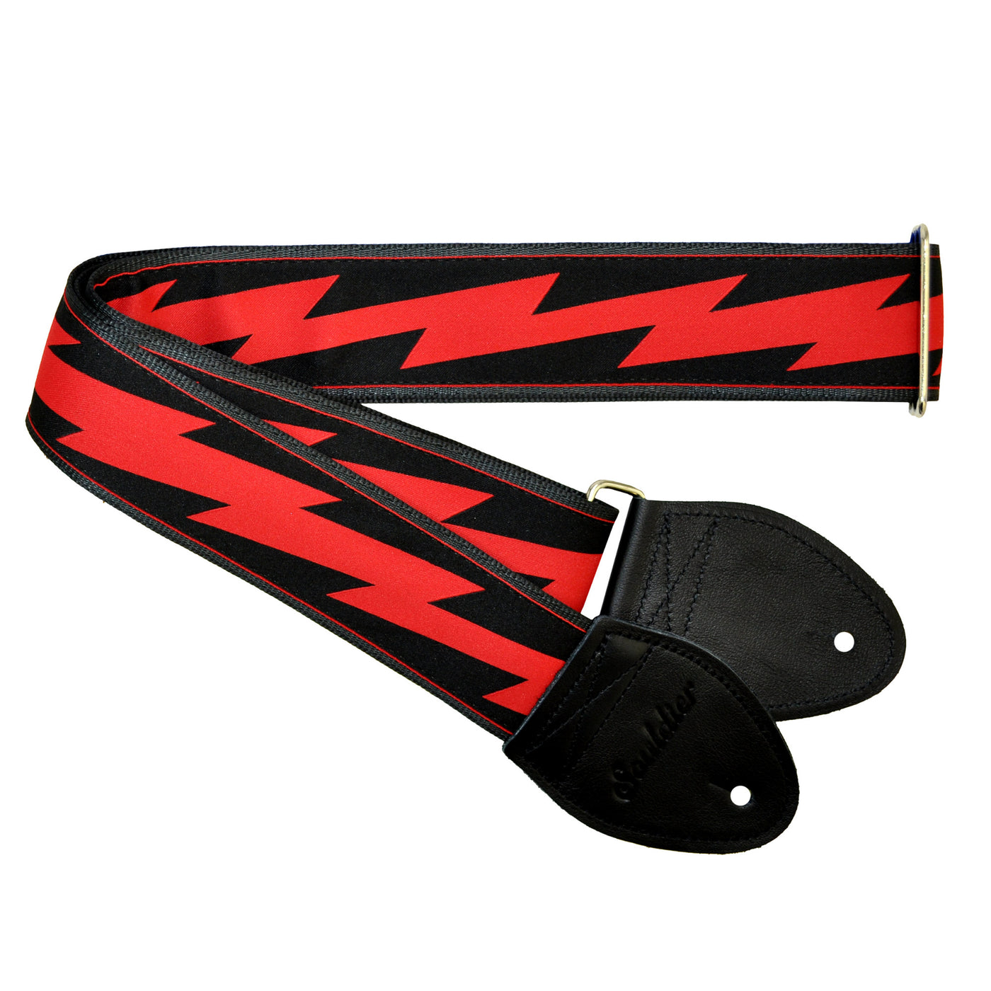 Souldier GS0858BK04BK - Handmade Seatbelt Guitar Strap for Bass, Electric or Acoustic Guitar, 2 Inches Wide and Adjustable Length from 30" to 63"  Made in the USA, Lightning Bolt, Red on Black