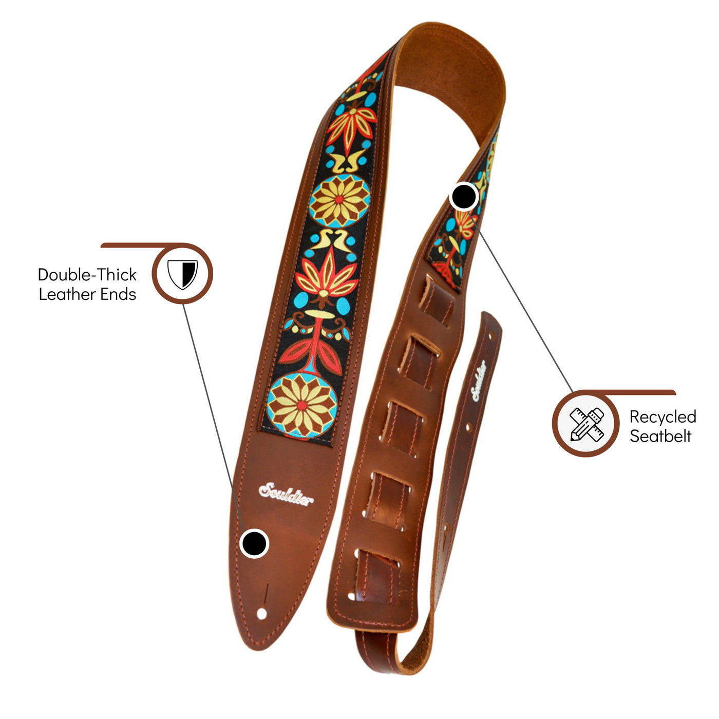 Souldier TGS0661BR01BR - Handmade Souldier Fabric Torpedo Strap for Bass, Electric, or Acoustic Guitar, Adjustable Length from 42.5" to 55" Made in the USA, Nutmeg