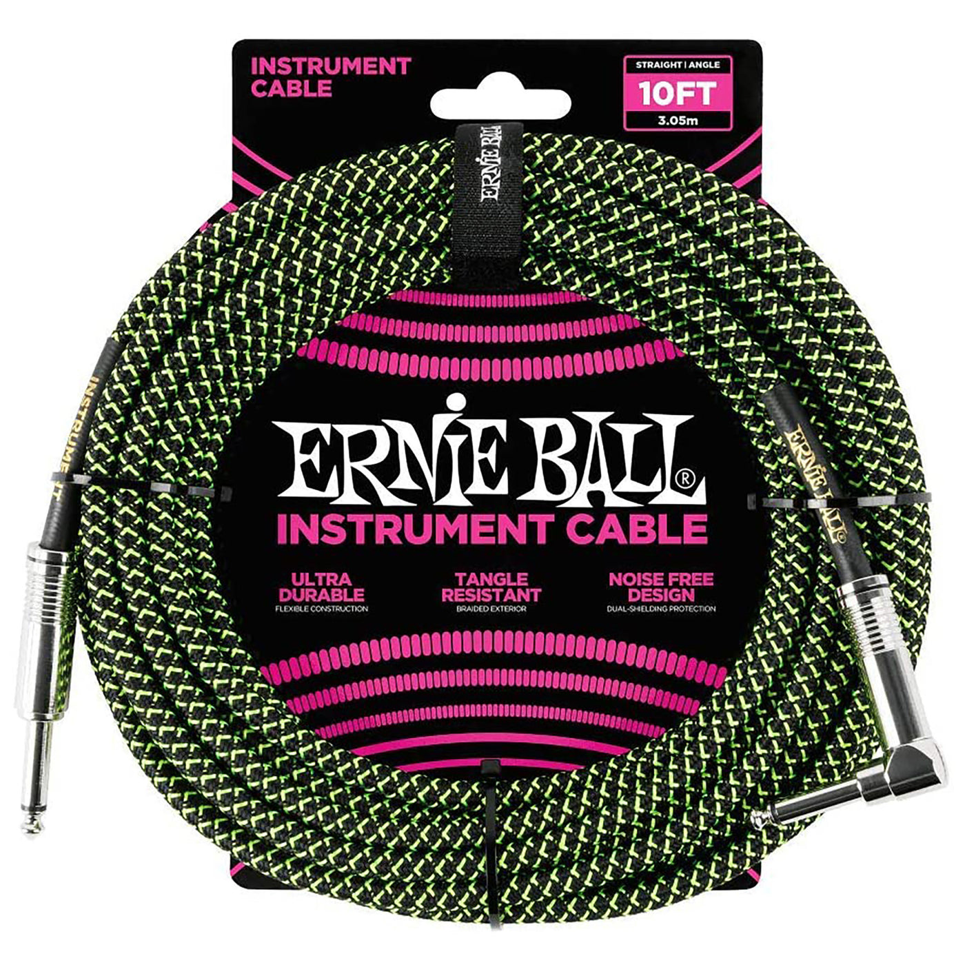 Ernie Ball 10' Braided Straight Angle Inst Cable Black Green