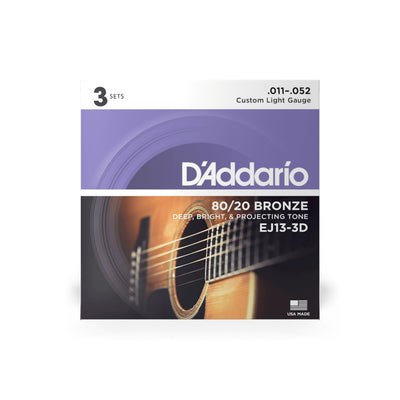 D'Addario 80/20 Bronze Acoustic Guitar Strings, Custom Light, 11-52, 3 Sets (EJ13-3D)