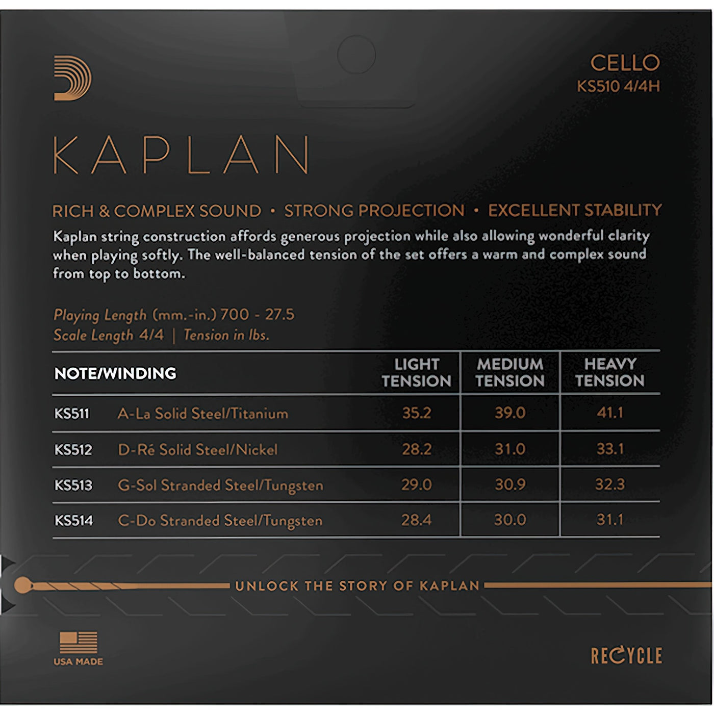 D'Addario KS510 Kaplan Cello String Set, 4/4 Scale Heavy Tension (KS510 4/4H)
