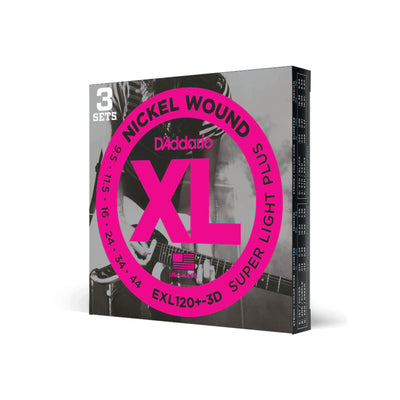 D'Addario Nickel Wound Electric Guitar Strings, Super Light Plus, 9.5-44, 3 Sets (EXL120+-3D)