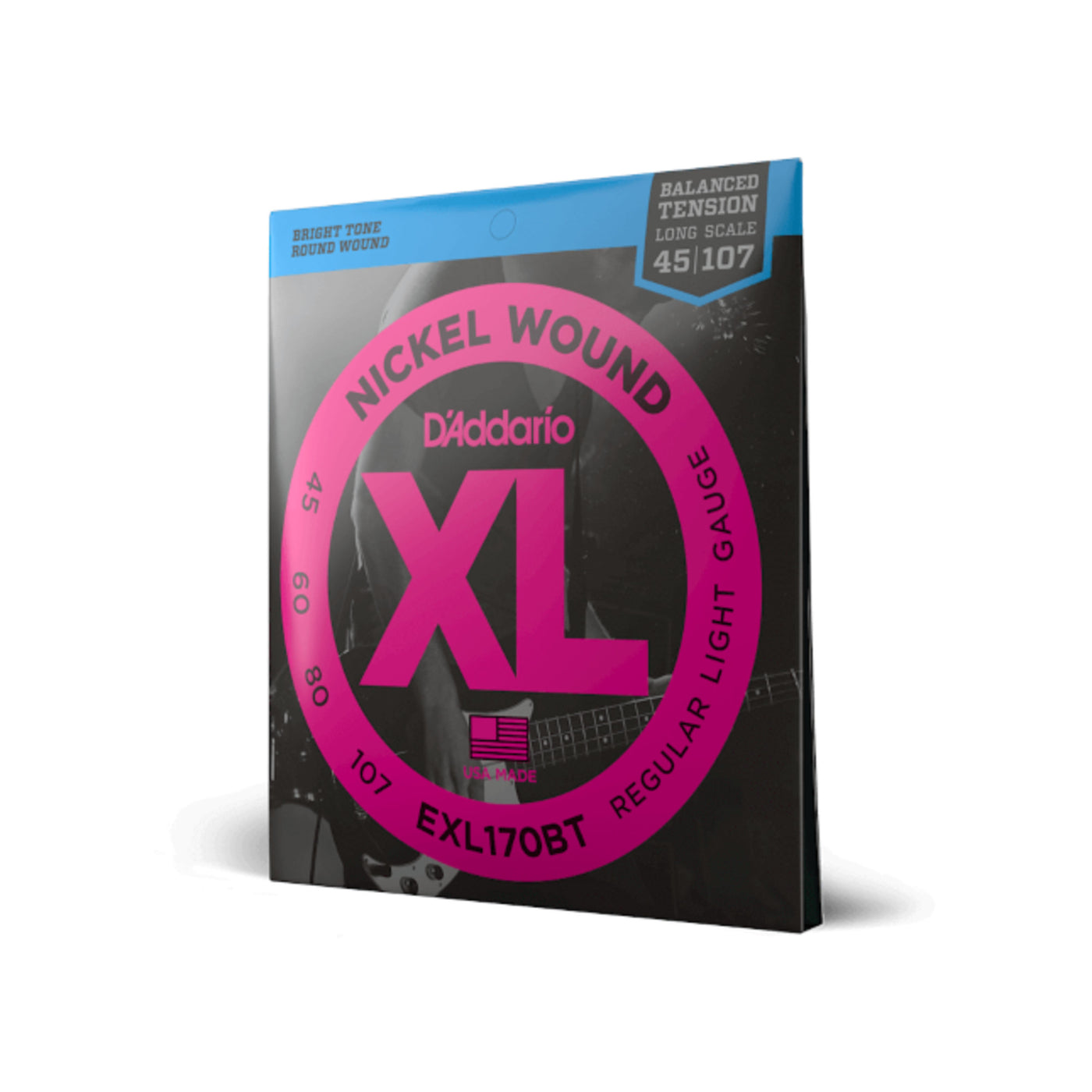 D'Addario Nickel Wound Bass Guitar Strings, Balanced Tension Regular Light, 45-107, Long Scale (EXL170BT)