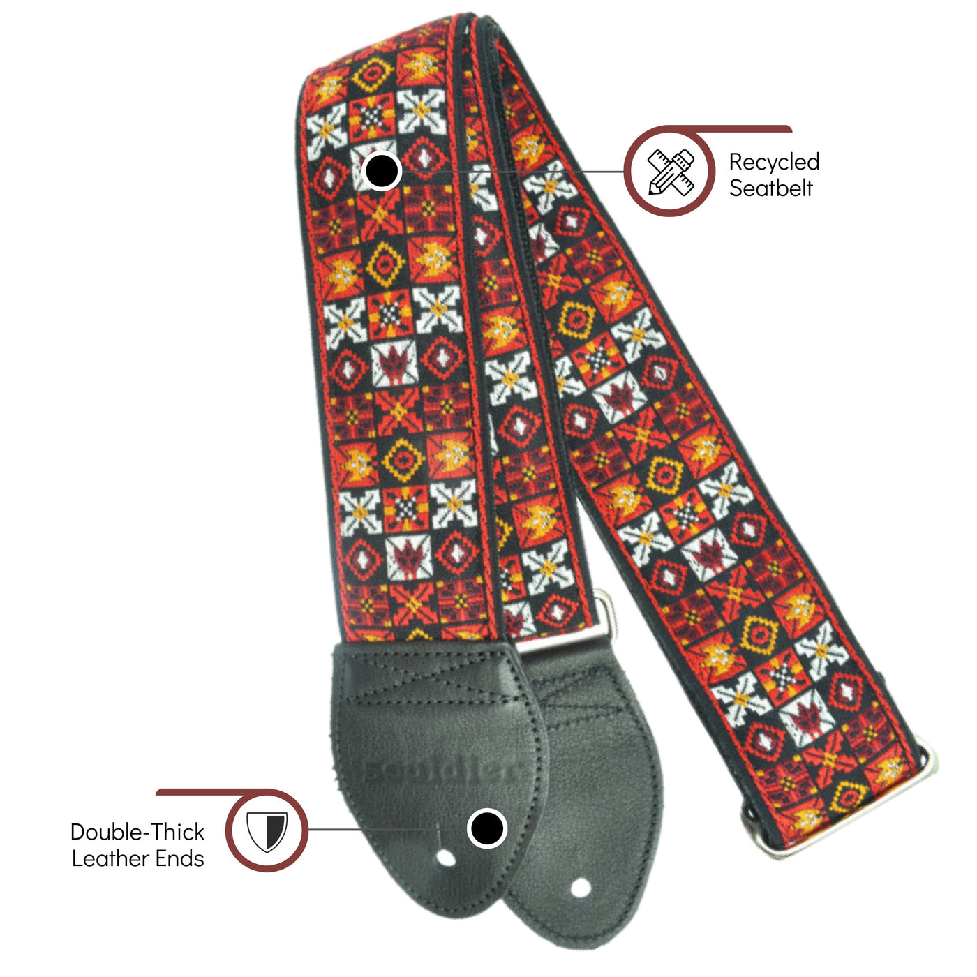 Souldier GS0295BK02BK - Handmade Seatbelt Guitar Strap for Bass, Electric or Acoustic Guitar, 2 Inches Wide and Adjustable Length from 30" to 63"  Made in the USA, Woodstock, Red