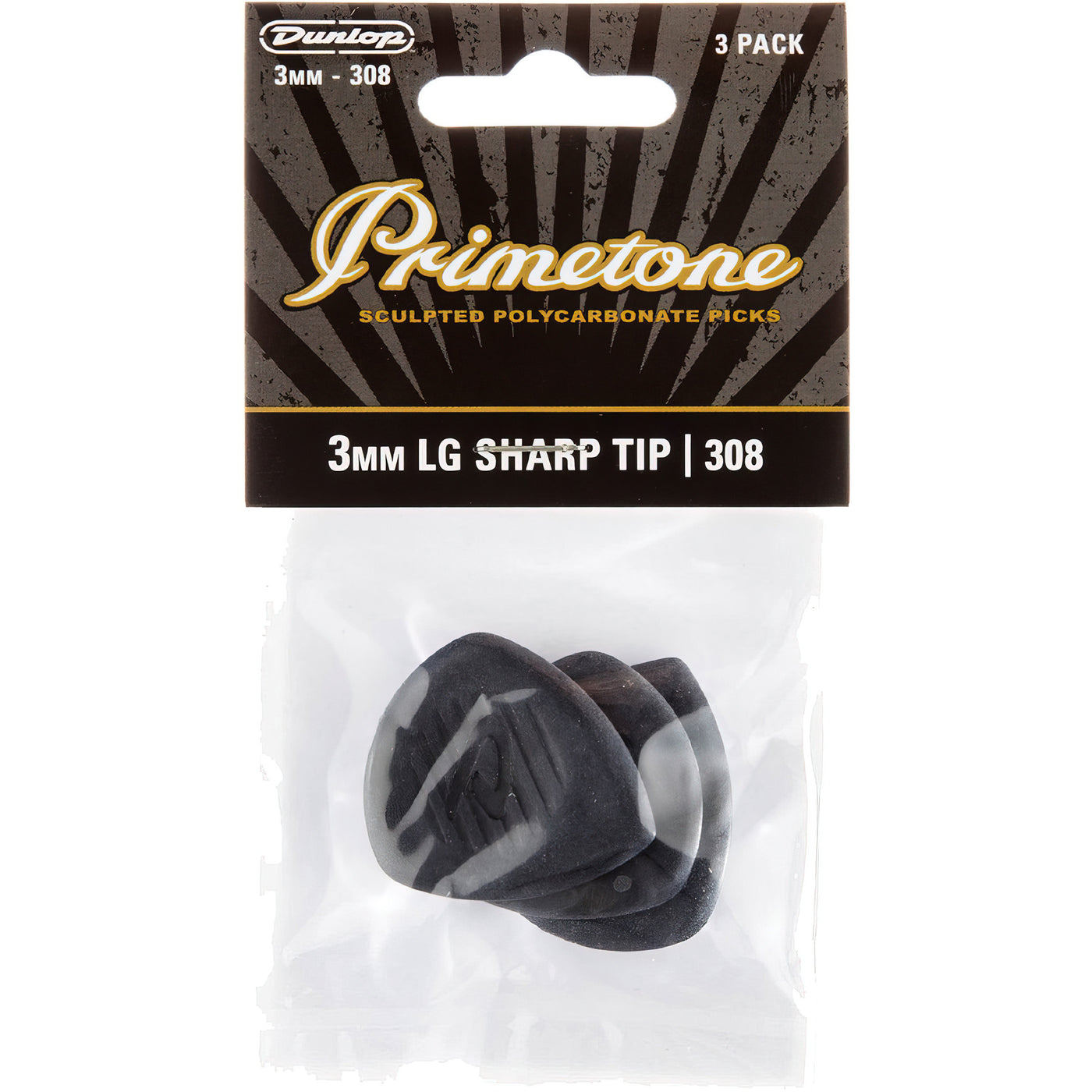 Dunlop Primetone Sharp Tip Guitar Picks, Black, 3mm Large, 3-Pack (477P308)