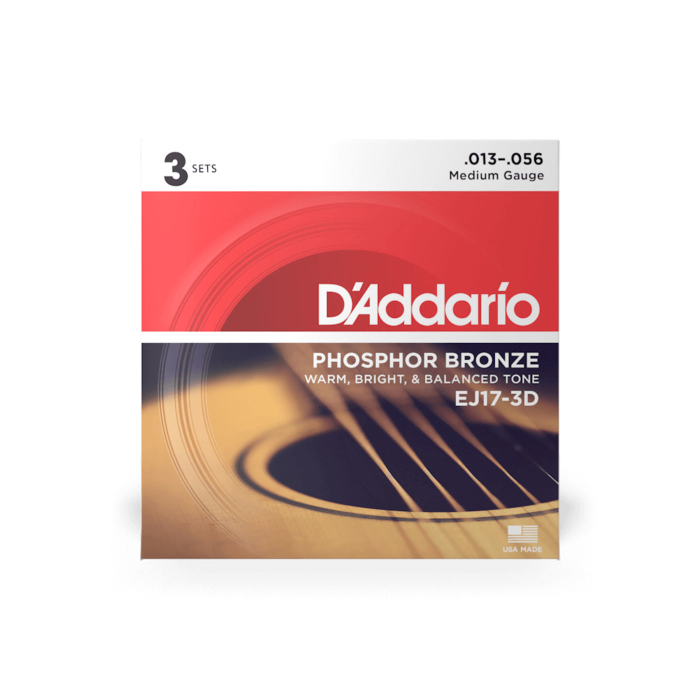 D'Addario Phosphor Bronze Acoustic Guitar Strings, Medium, 13-56, 3 Sets (EJ17-3D)