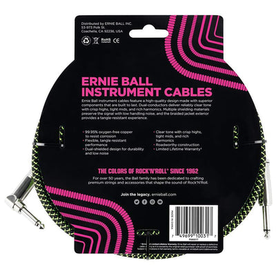 Ernie Ball 10' Braided Straight Angle Inst Cable Black Green