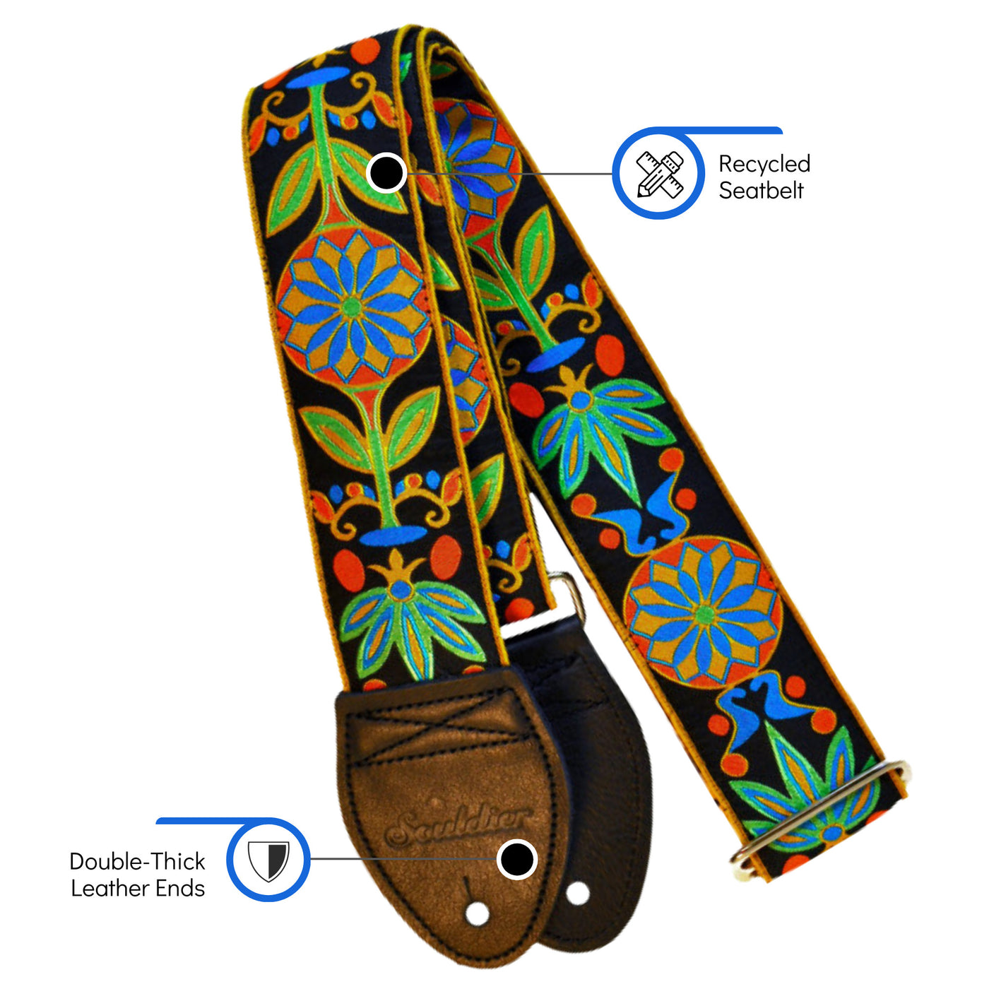 Souldier GS0086BK02BK - Handmade Seatbelt Guitar Strap for Bass, Electric or Acoustic Guitar, 2 Inches Wide and Adjustable Length from 30" to 63"  Made in the USA, Daisy, Blue