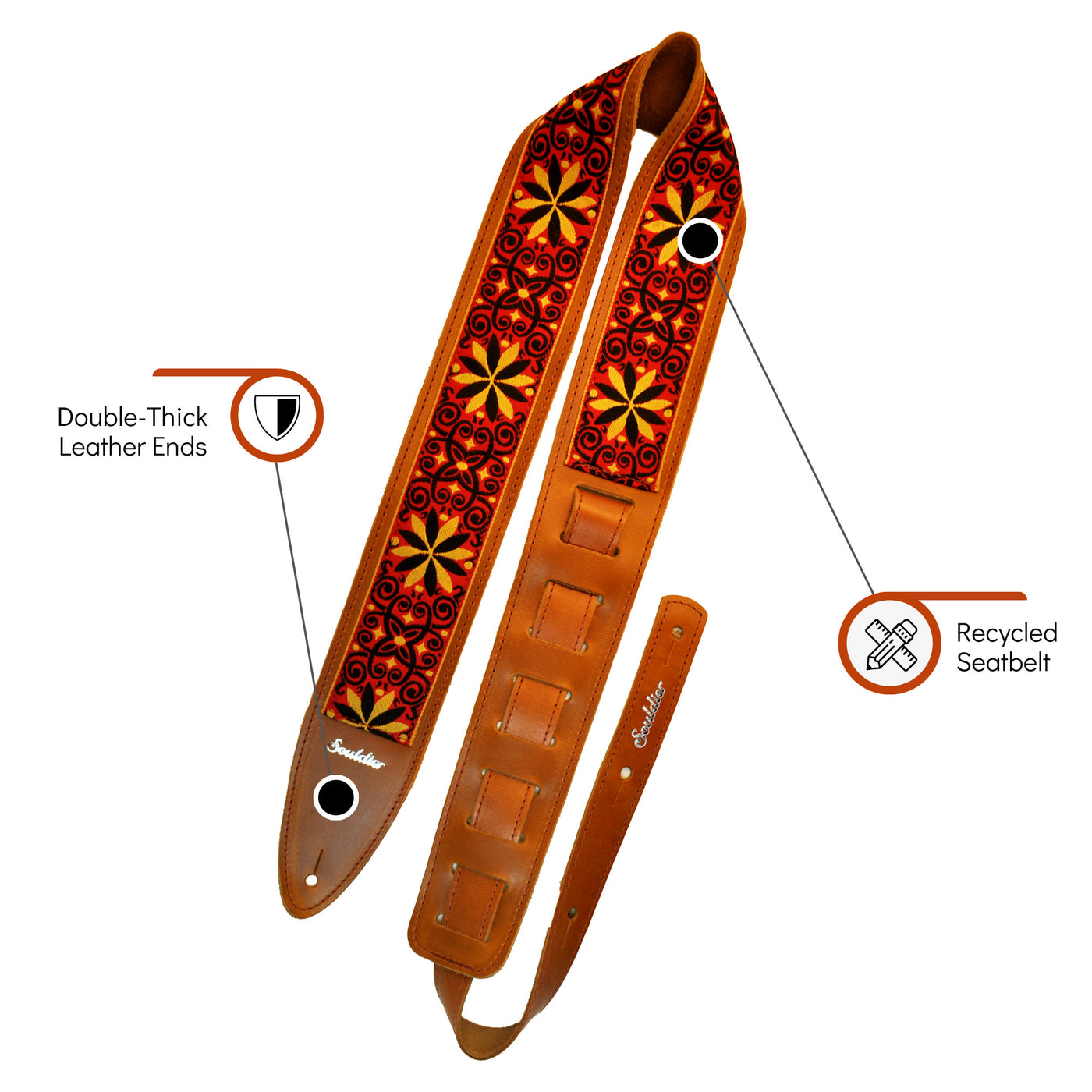 Souldier TGS1149RS02RS - Handmade Souldier Fabric Torpedo Strap for Bass, Electric, or Acoustic Guitar, Adjustable Length from 42.5" to 55" Made in the USA, Gypsy