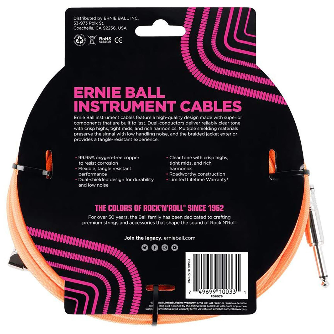 Ernie Ball 10' Braided Straight Angle Inst Cable Neon Orange