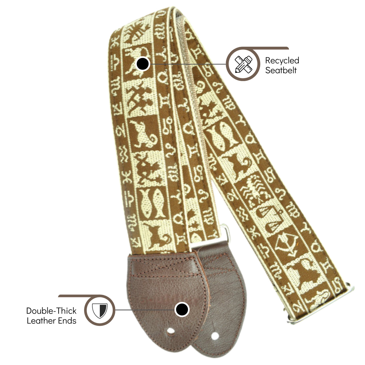 Souldier GS0372TP02WB - Handmade Seatbelt Guitar Strap for Bass, Electric or Acoustic Guitar, 2 Inches Wide and Adjustable Length from 30" to 63"  Made in the USA, Zodiac, Brown and Tan