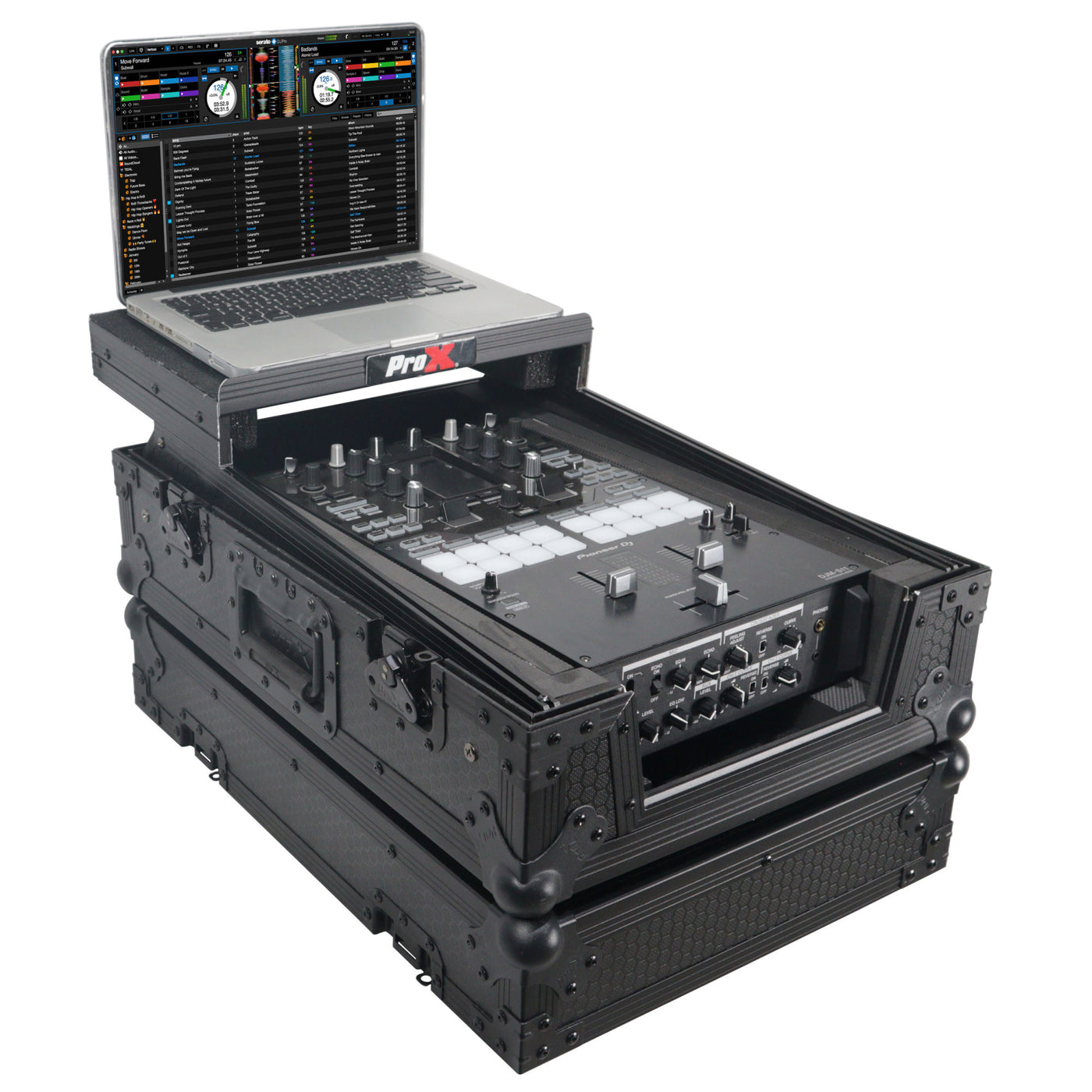 ProX XS-M11LTBL ATA-300 Style Flight Road Case, Fits Pioneer DJM S11 / Rane 70 / 72 MK2, With Laptop Shelf, Pro Audio Equipment Storage, Black on Black