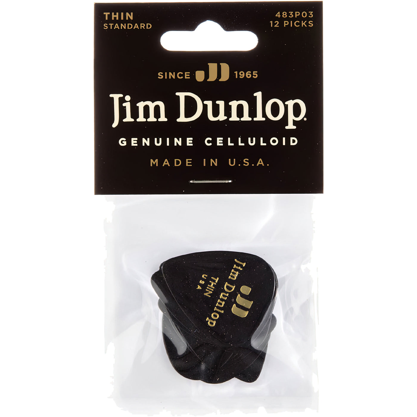 Dunlop Celluloid Standard Guitar Picks, Black, Thin, 12-Pack (483P03TH)