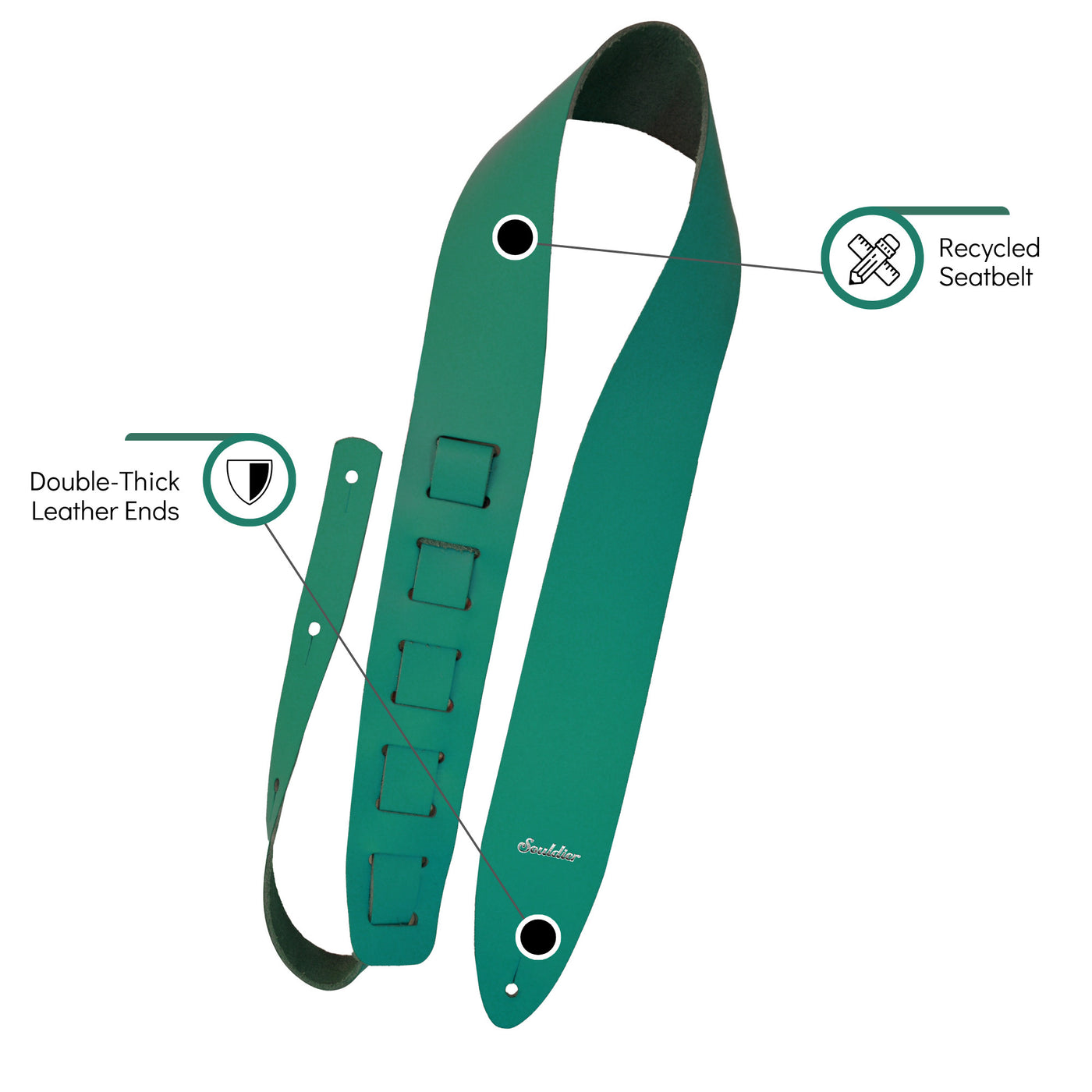 Souldier PSMGSTL - Handmade Prisma Guitar Strap for Bass, Electric or Acoustic Guitar, 2.5 Inches Wide and Adjustable Length from 43" to 57" Made in the USA, Teal