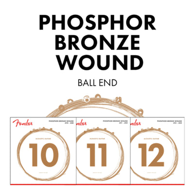 Fender Phosphor Bronze Wound Ball End Acoustic Guitar Strings, 60XL .010-.048 Gauges (0730060402)