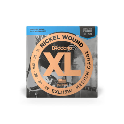 D'Addario Nickel Wound Electric Guitar Strings, Medium/Blues-Jazz Rock, Wound 3rd, 11-49 (EXL115W)